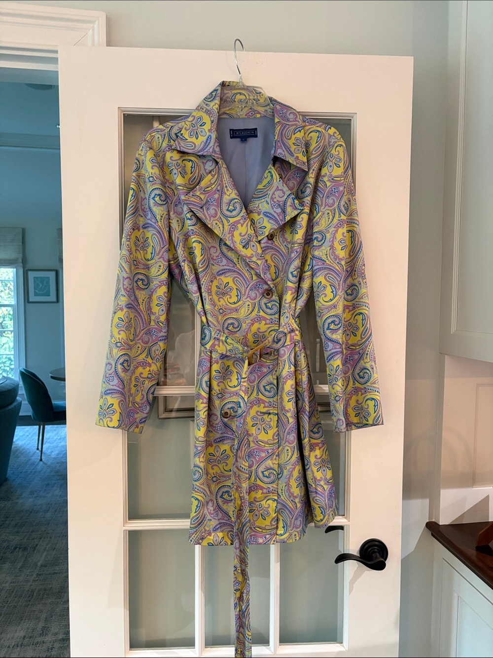J McLaughlin Silk Paisley Print Trench Coat in Yellow & Lavender